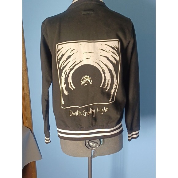 Vintage Goth Black Small Jacket Skull "Deaths Guiding Light" White Stripe - Picture 16 of 16